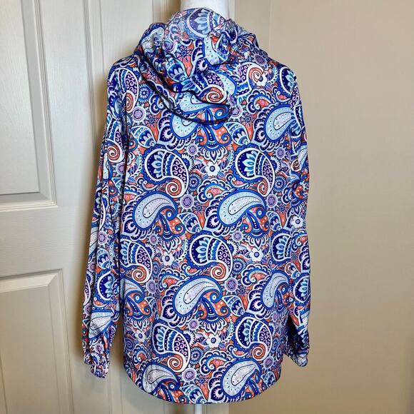 Simply Southern Rain Jacket Blue Paisley Size Large EUC Zipper Hood Colorful - Picture 5 of 9